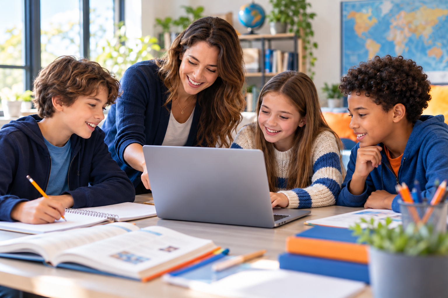Teacher helping students learn together with books and an online lesson